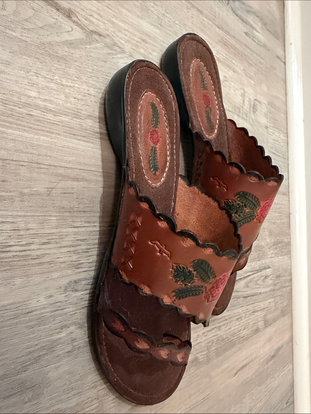 Brown Leather Floral Slide Sandals with Red Rose Detail - Picture 8 of 12